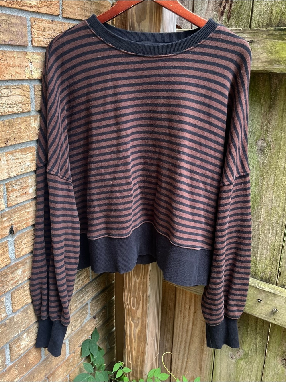 Aerie Oversized Black and Brown Striped Crewneck Sweater
